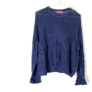 Edikted Sheer Loose Knit Star Sweater Oversized Scoop Neck Pullover Blue